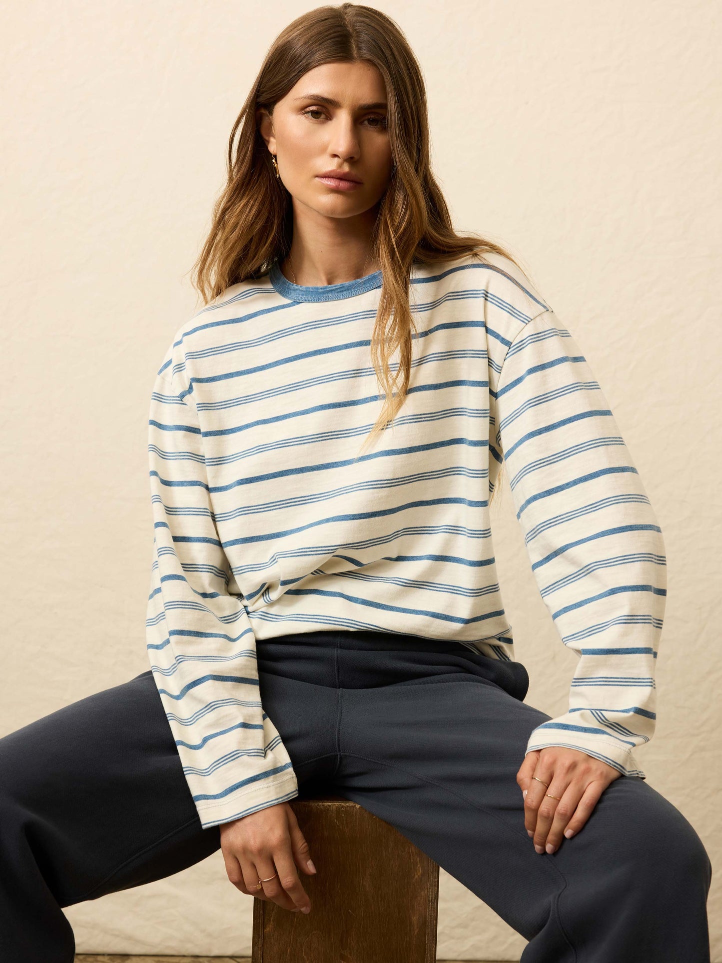 Sunwashed Long-Sleeve Retro Tee - Indigo Tidelines
