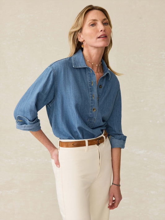 Linen Denim Oceanview Blouse - Coastal Cloud Wash