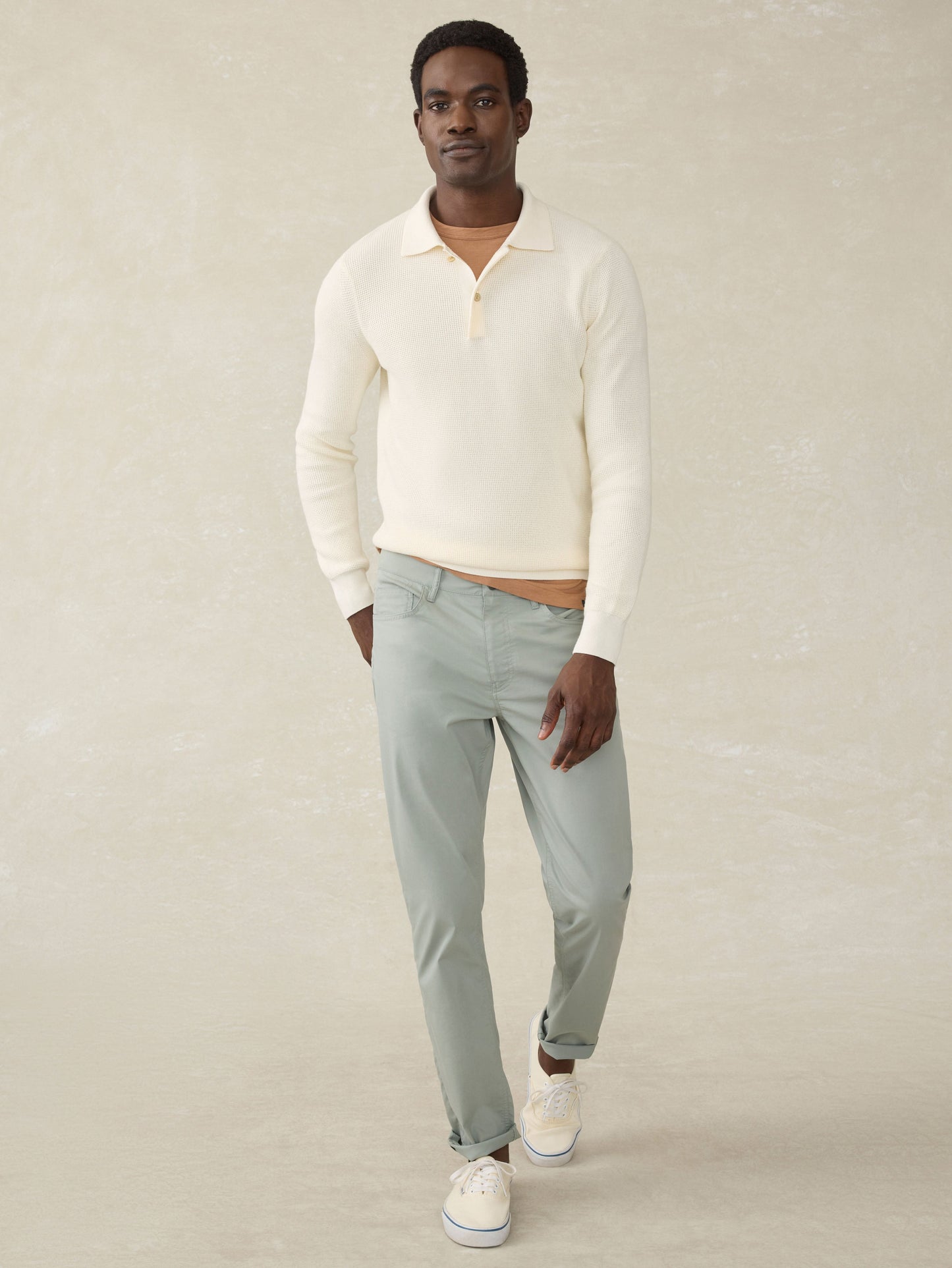 Long-Sleeve Sunwashed Sweater Polo - White Shell