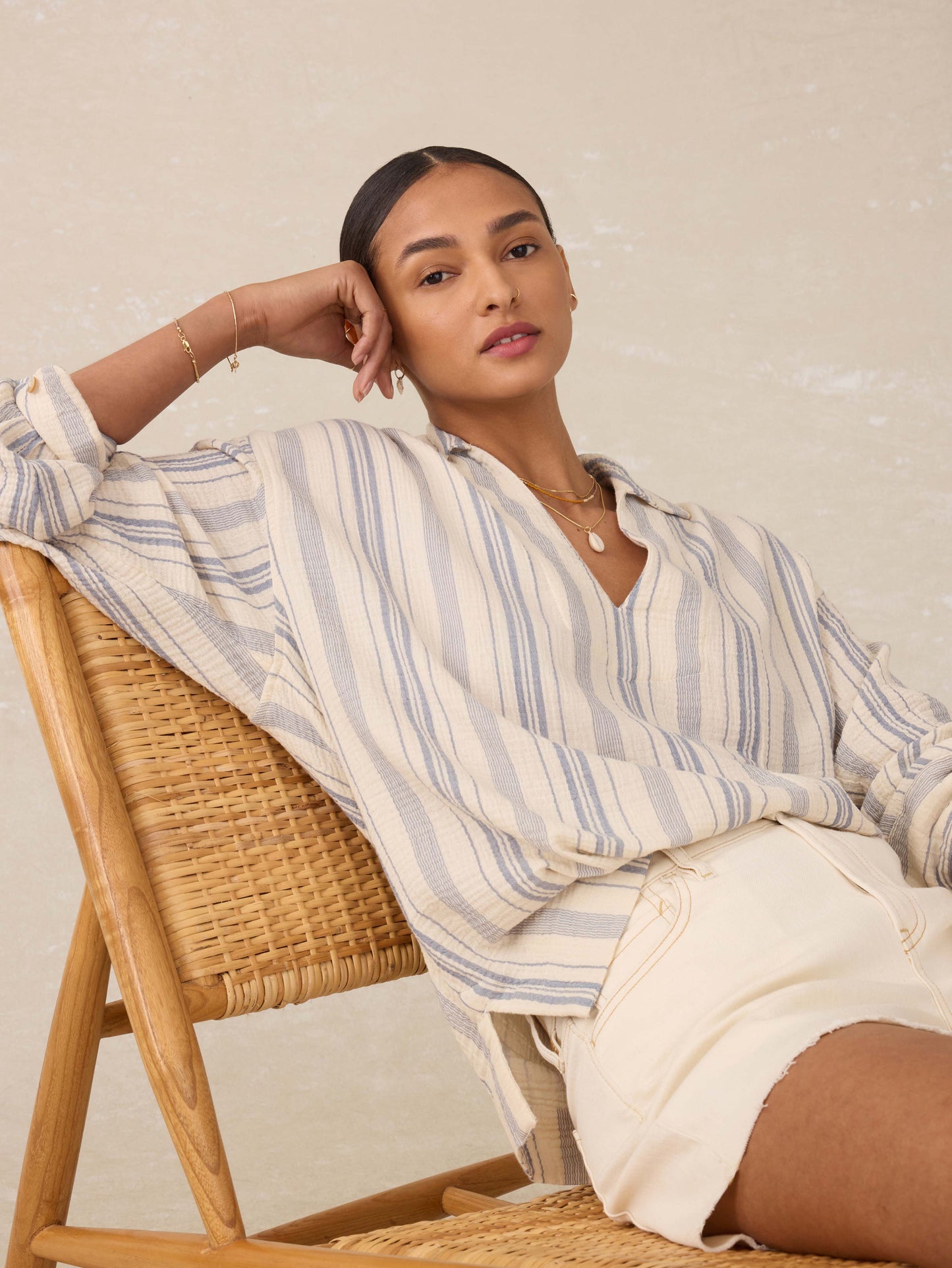 Dune Cotton Gauze Sail Away Top - Aqua Sea Stripe