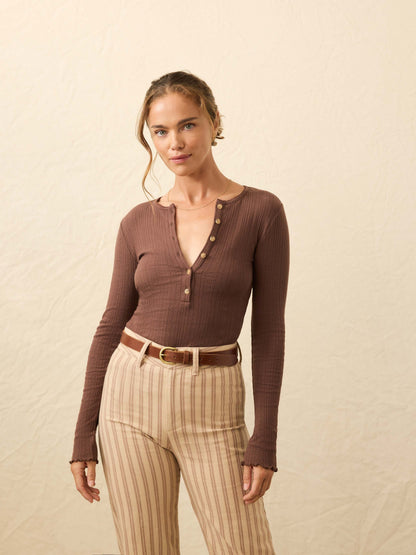 Paradise Pointelle Henley - Chocolate Brown