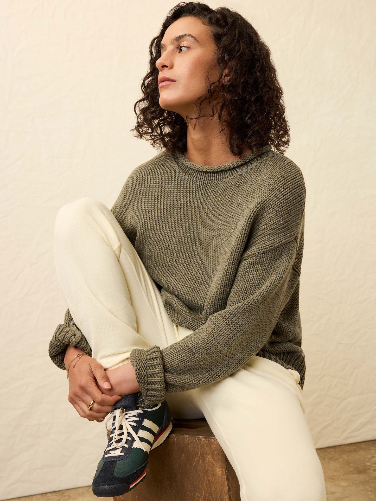 Sunwashed Cotton Roll Neck Sweater - Sage