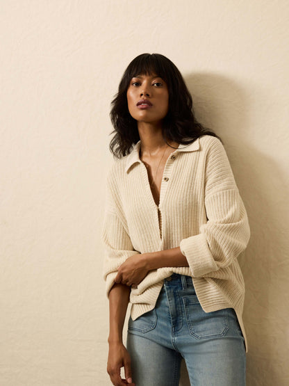 Miramar Linen Relaxed Polo Sweater - Summer Sand