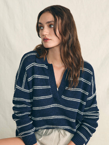 Miramar Linen Polo Sweater - Navy Mystic Stripe