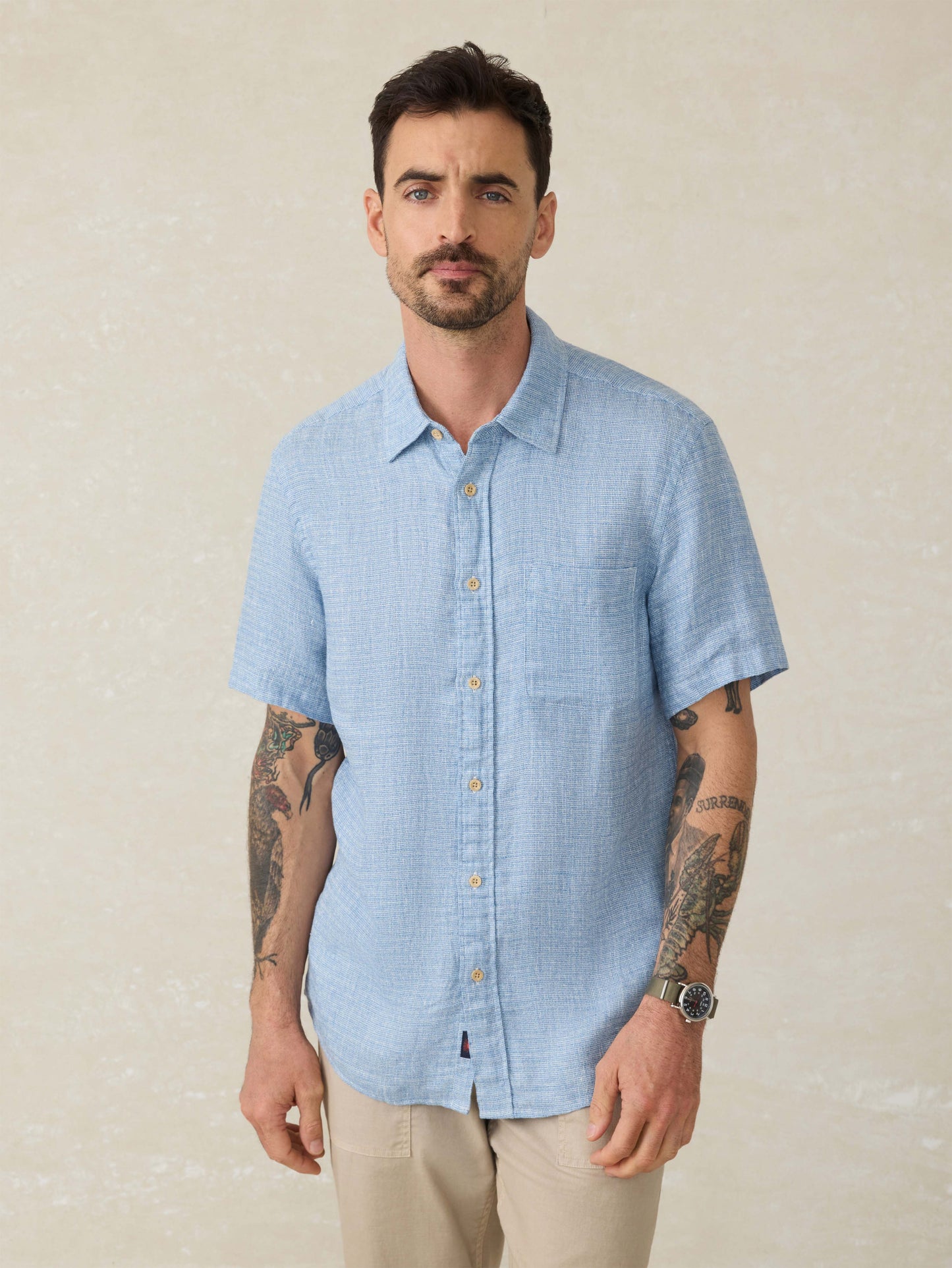 Short-Sleeve Palma Linen Shirt - Blue Basketweave