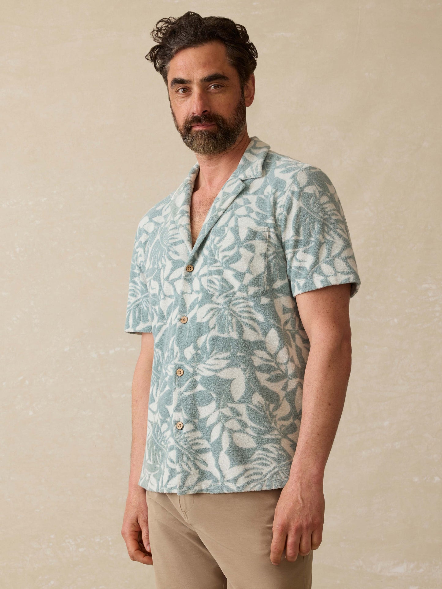 Short-Sleeve Cabana Towel Terry Shirt - Poolside Foliage Teal