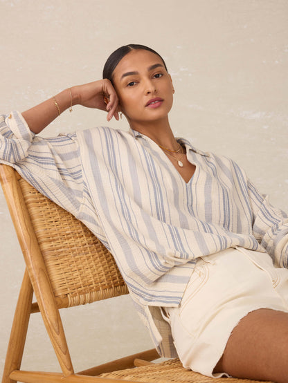 Dune Cotton Gauze Sail Away Top - Aqua Sea Stripe