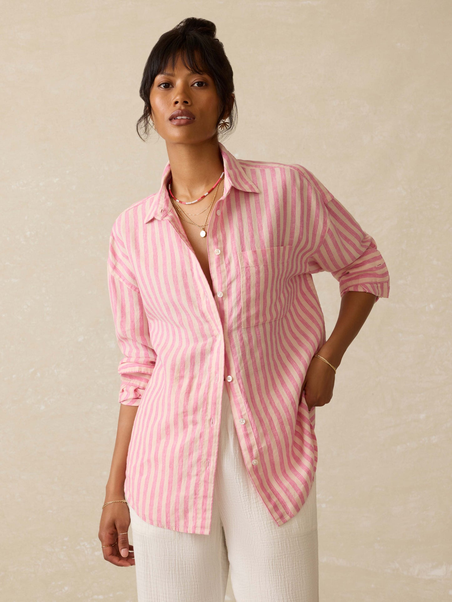 Laguna Linen Relaxed Shirt - Pink Lucy Stripe